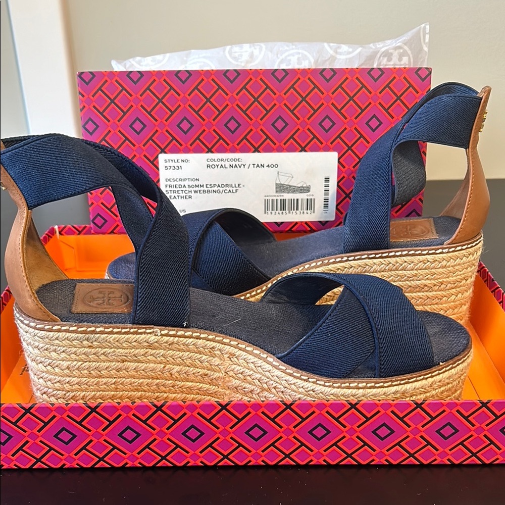 Tory Burch Frieda 50MM Espadrille - Navy/Tan Size 8